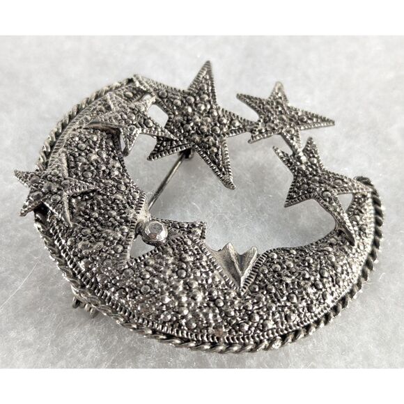 Vintage Silver Tone Crescent Moon and Stars - Picture 4 of 7